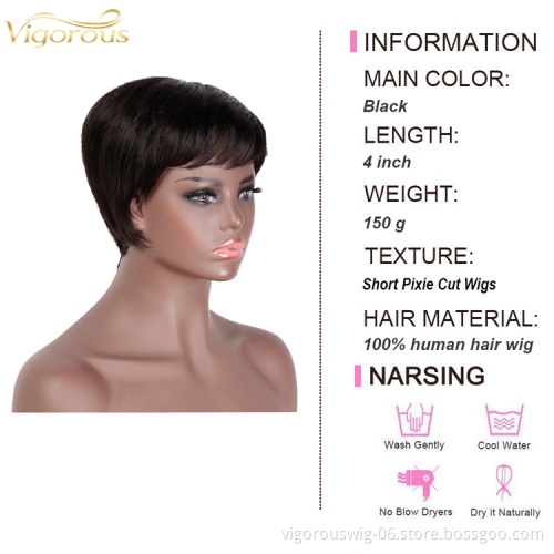High Quality Wholesale 100% Real Brazilian Raw Short Pixie Cut Natural Black Human Hair Wigs With Side Bangs For Black Women
